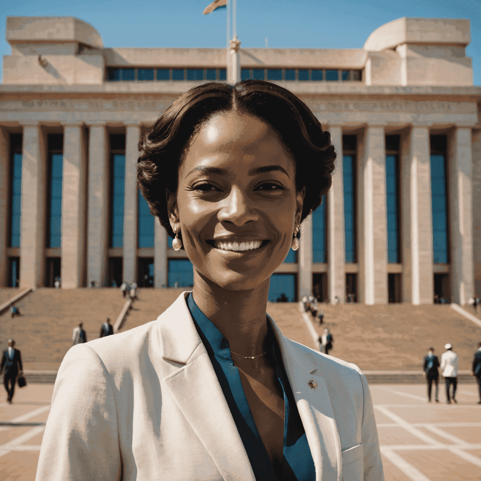 Imagem de Simone Tebet sorrindo, vestida elegantemente, em pé em frente ao Congresso Nacional em Brasília