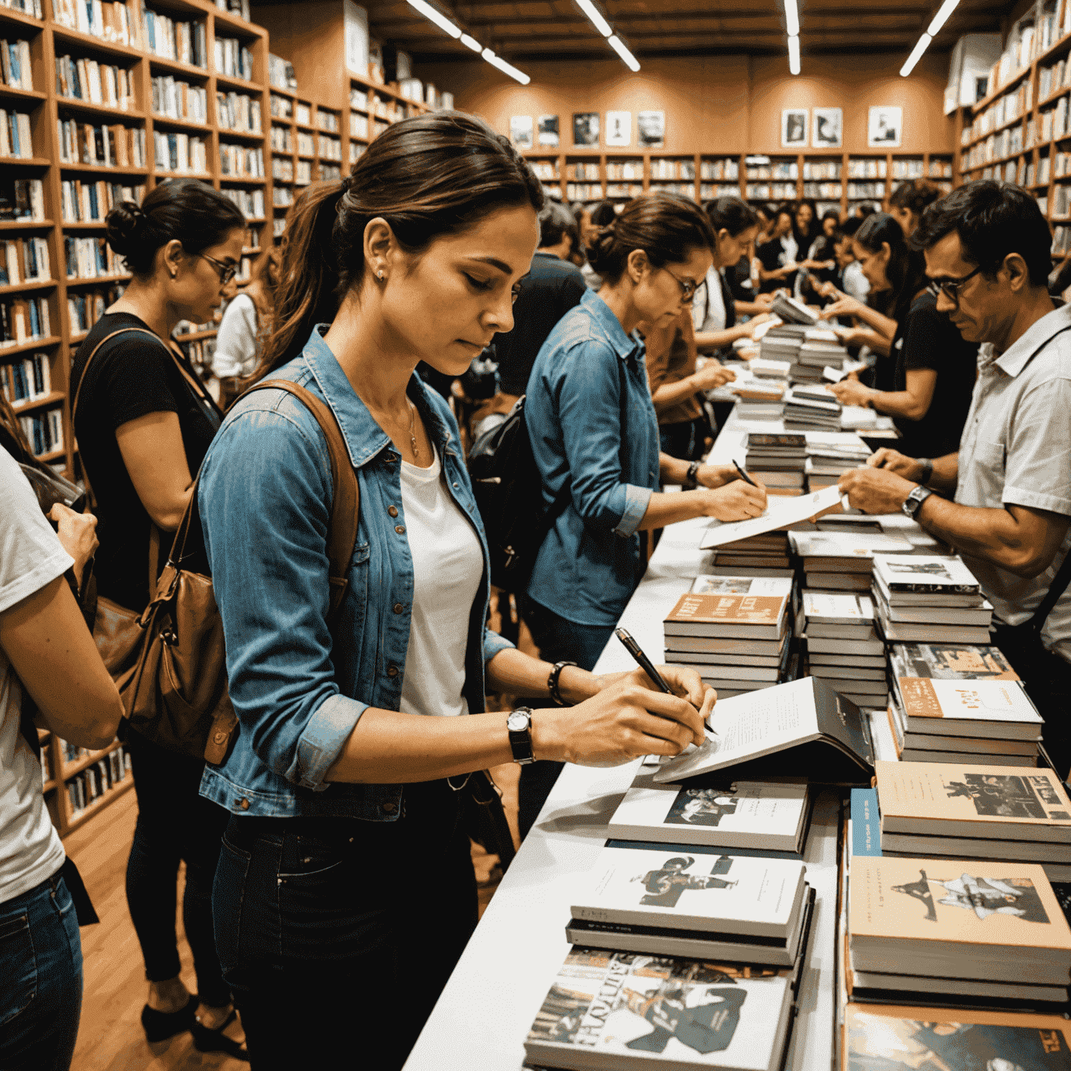 Simone Tebet assinando livros em uma livraria movimentada em São Paulo, com fãs fazendo fila