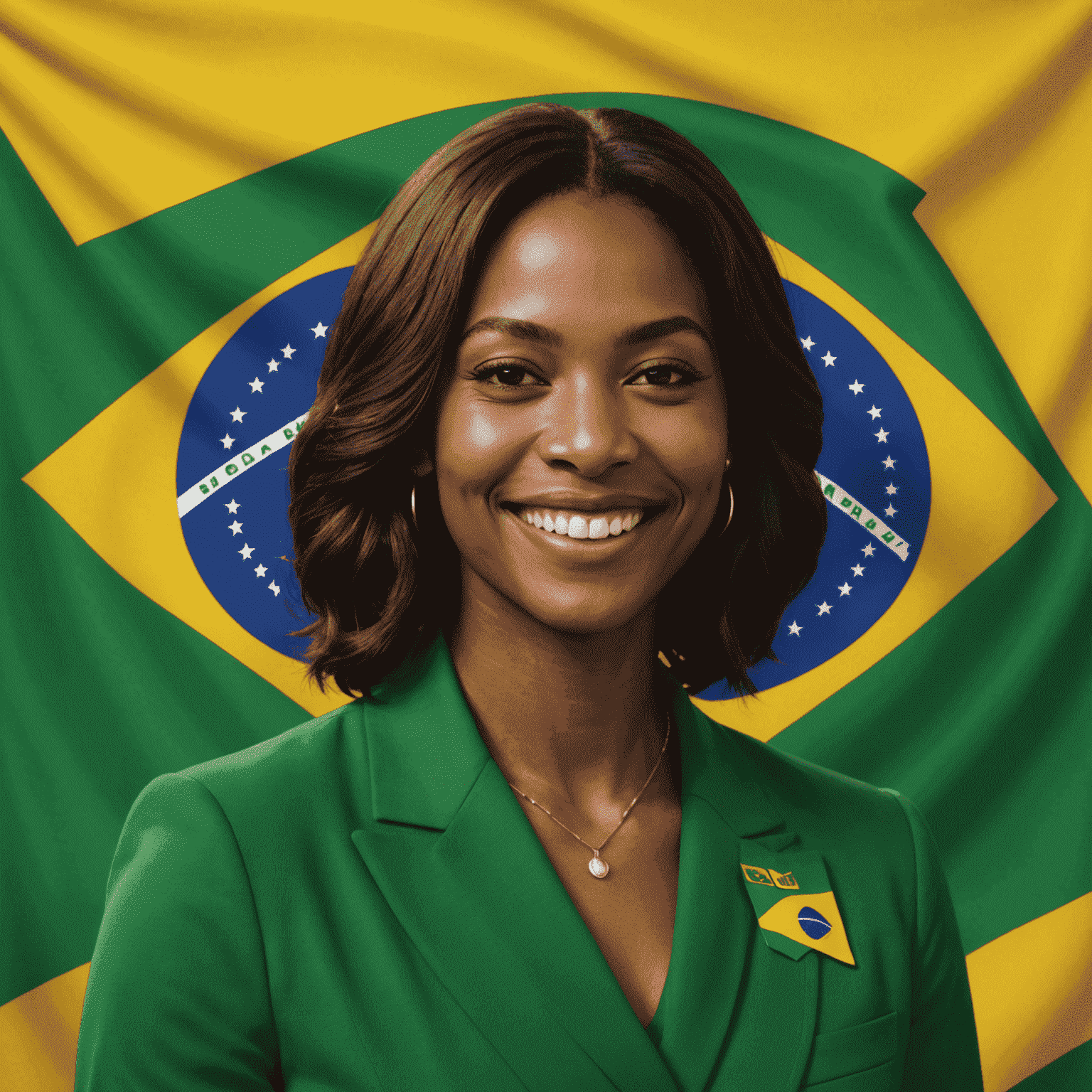 Imagem de Simone Tebet sorrindo, vestida formalmente, em frente a uma bandeira brasileira