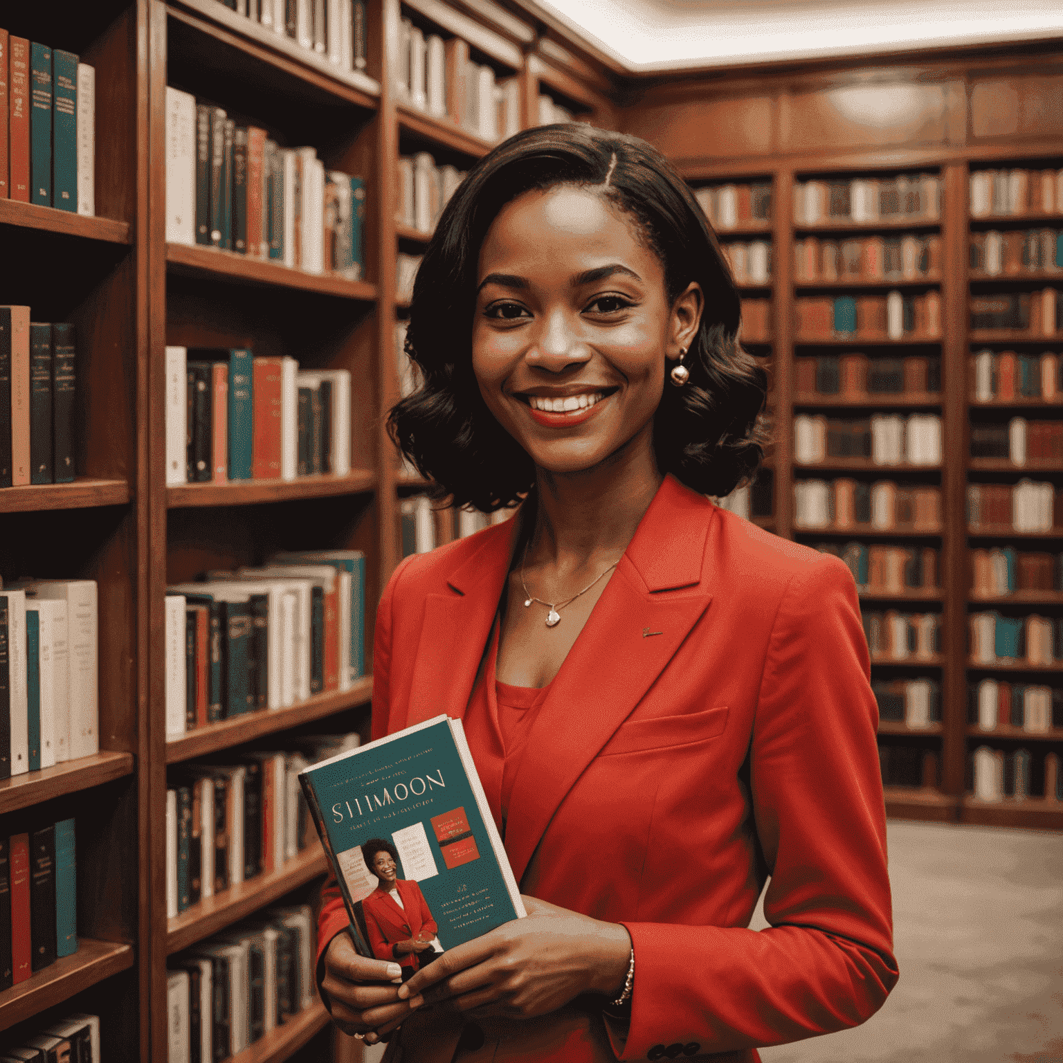 Imagem de Simone Tebet sorrindo e segurando seu livro autobiográfico mais recente. Ela está vestida elegantemente em um terno vermelho, em pé em frente a uma estante de livros em uma livraria.