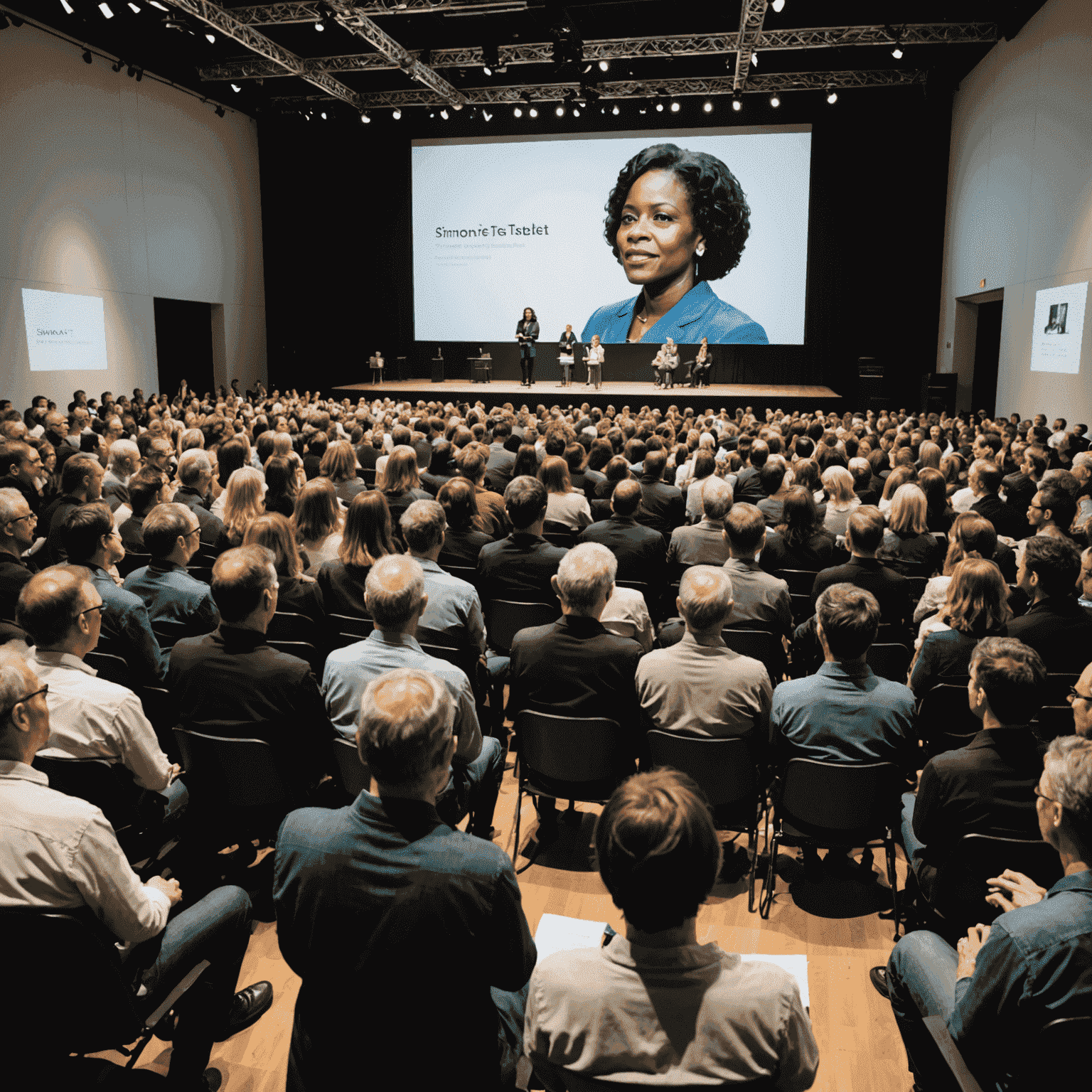 Imagem do lançamento do livro de Simone Tebet, mostrando a autora em um palco com uma grande audiência