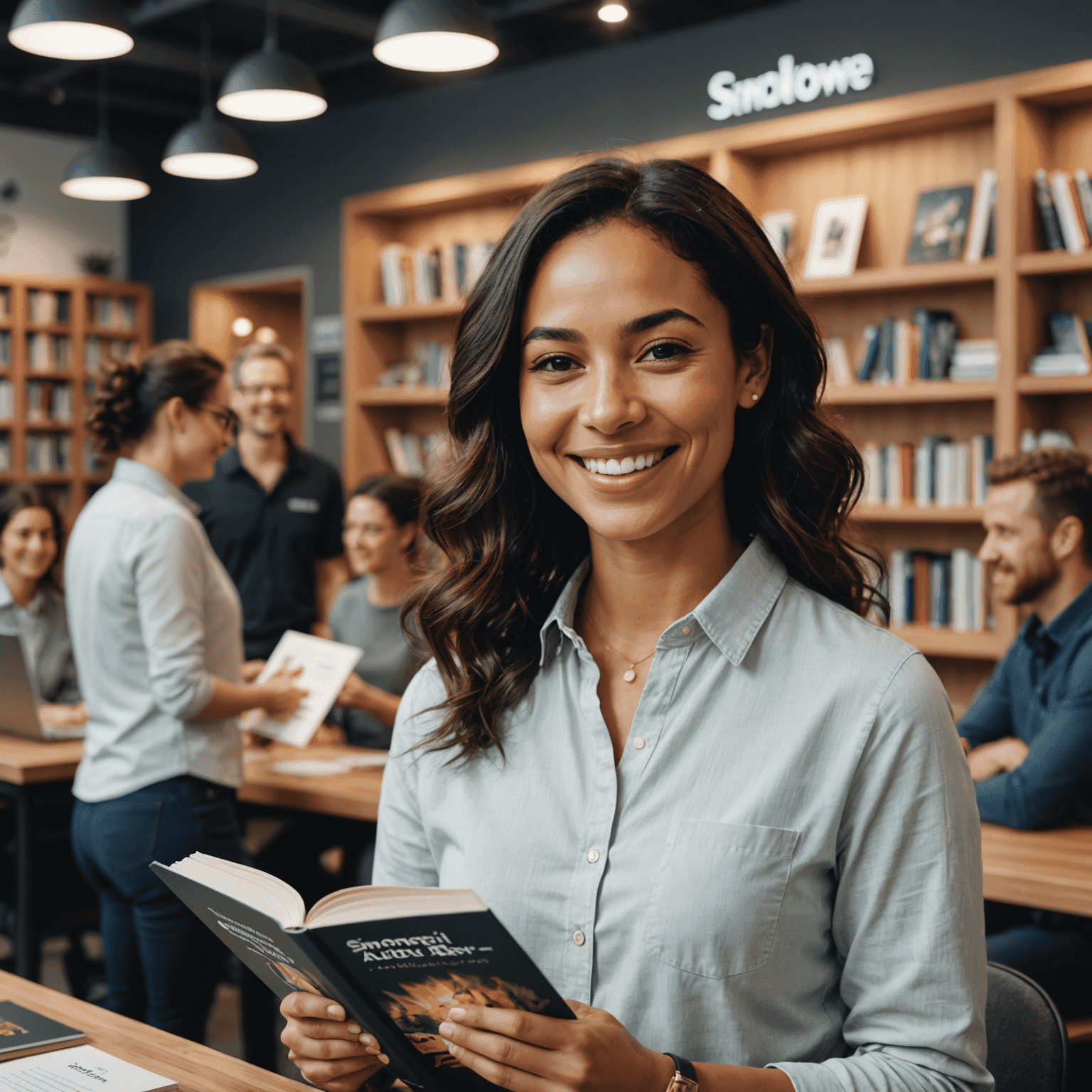 Imagem de Simone Tebet sorrindo e segurando seu livro autobiográfico, com uma equipe de suporte ao cliente ao fundo, em um ambiente moderno e acolhedor