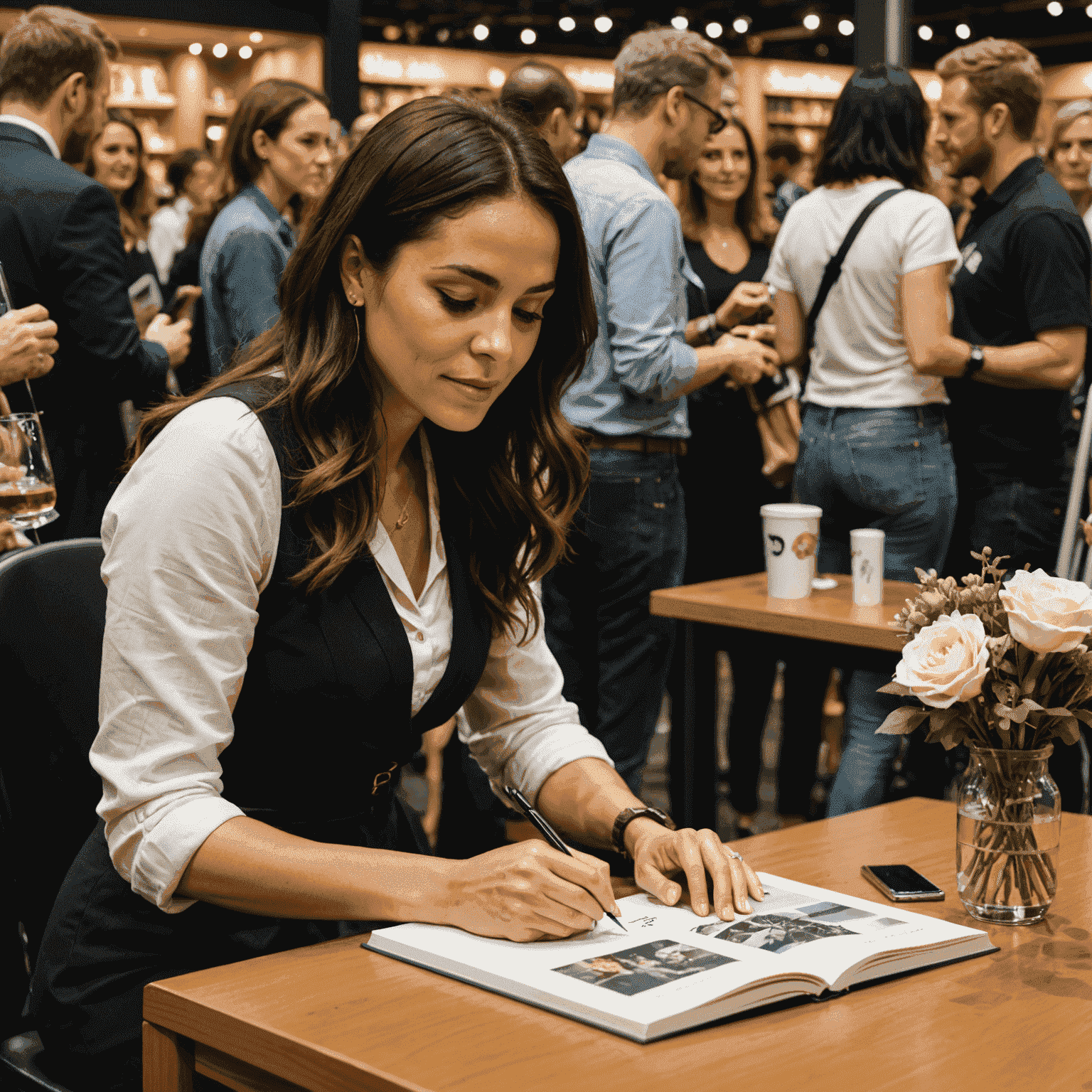 Simone Tebet em um evento de lançamento, assinando cópias de seu livro para fãs entusiasmados