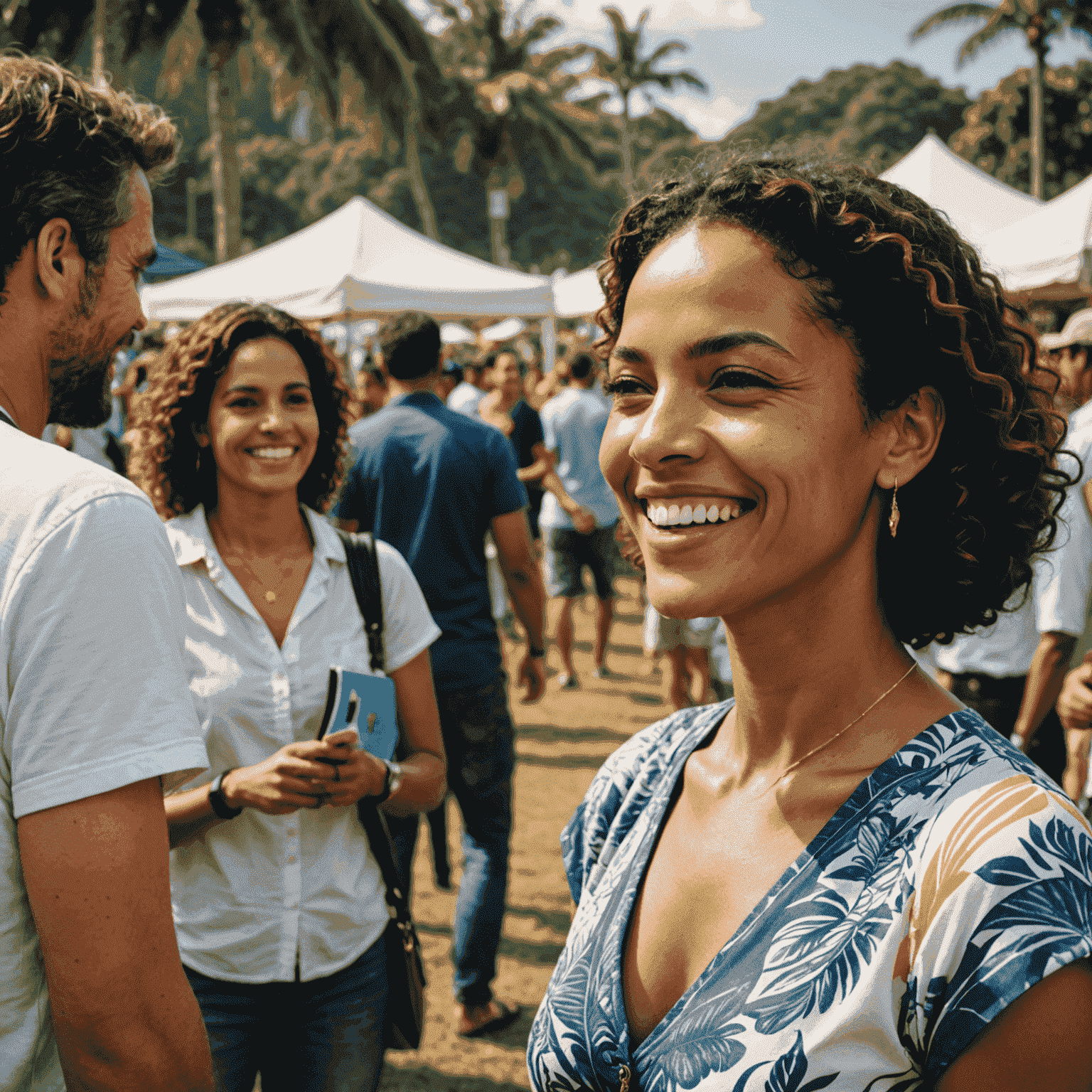 Simone Tebet sorrindo e conversando com leitores em um evento ao ar livre no Rio de Janeiro