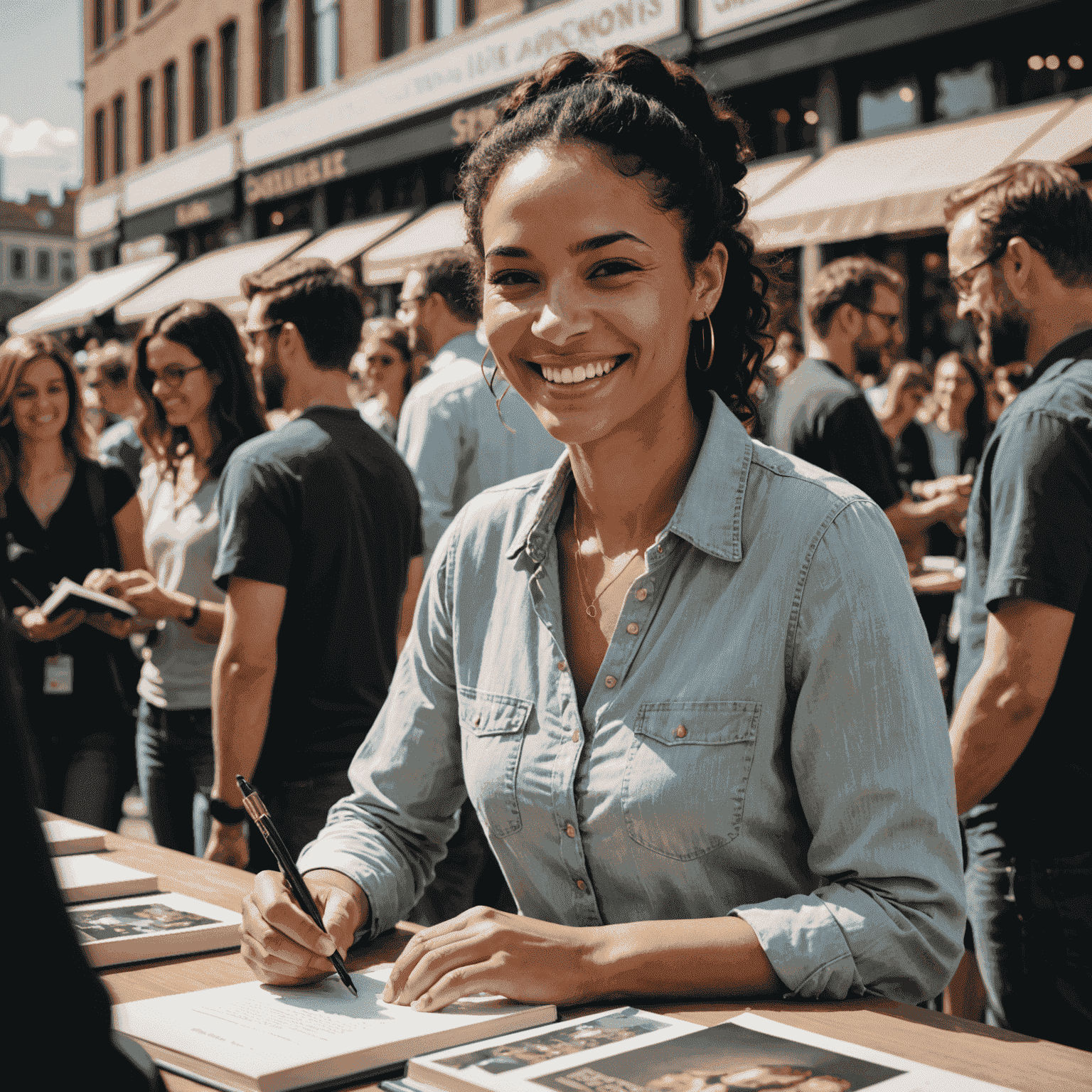 Simone Tebet sorrindo e assinando livros para uma fila de fãs entusiasmados