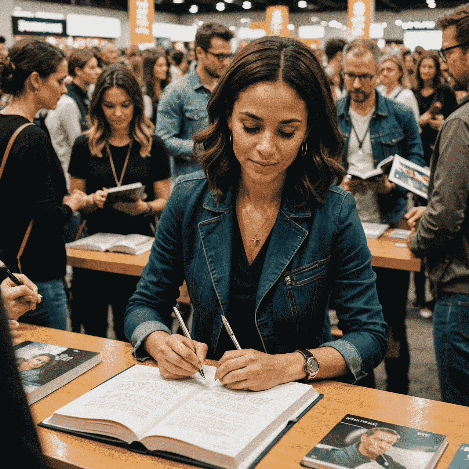 Simone Tebet autografando livros em um evento lotado de fãs