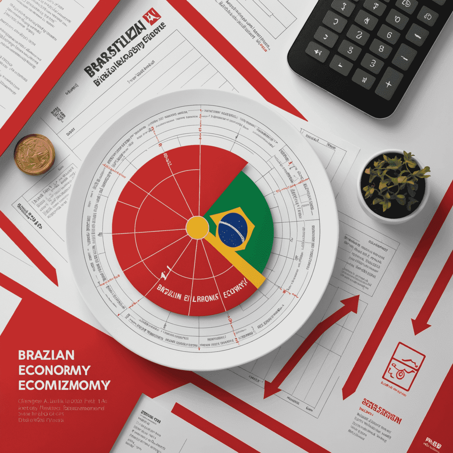 Capa do livro 'Economia Brasileira: Desafios e Soluções' de Simone Tebet, com gráficos e ícones econômicos em vermelho e branco