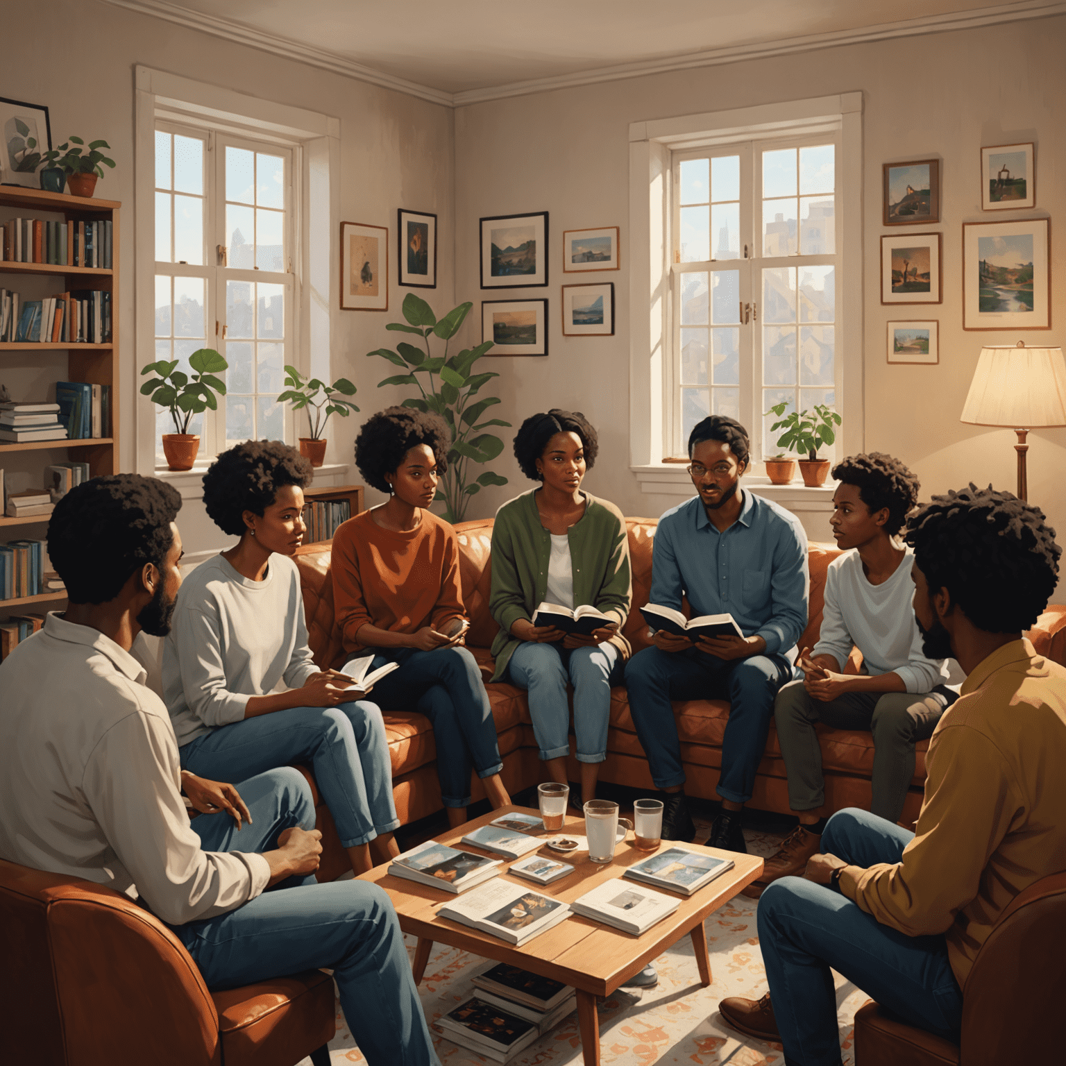 Um grupo diversificado de pessoas discutindo animadamente o livro de Simone Tebet em uma sala aconchegante