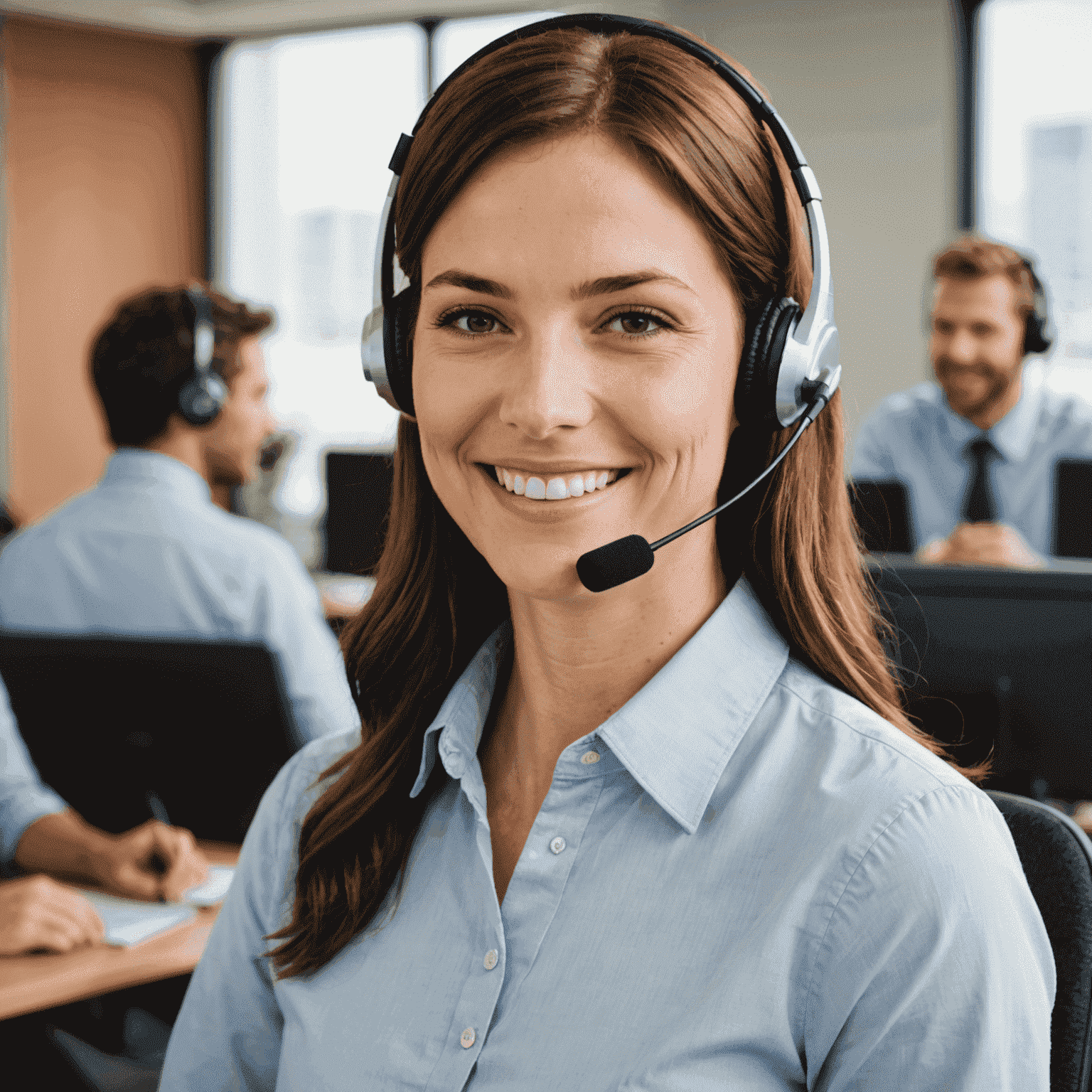 Representante de atendimento ao cliente sorrindo e usando fone de ouvido